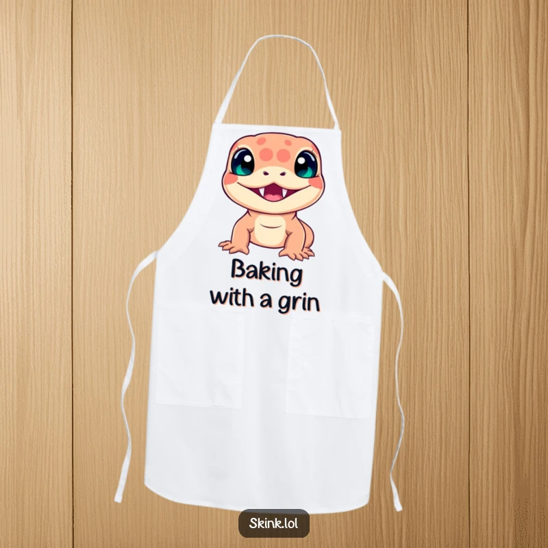 Funny skink apron, wearing a chef hat, with a wide, toothy smile, ready for kitchen fun.