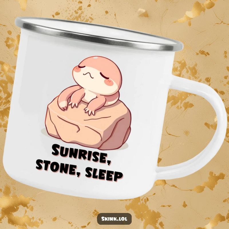 Funny skink camping mug, eyes closed, sunbathing on a rock, a durable and humorous outdoor mug.