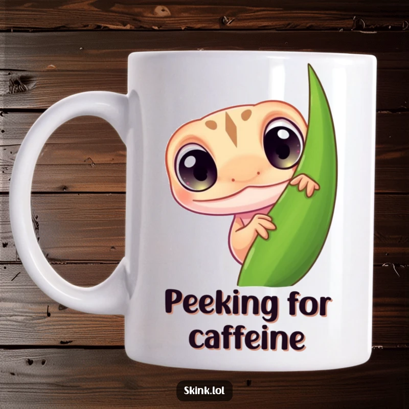 Funny skink mug, tiny with large curious eyes, peeking from behind a green leaf, a playful surprise.