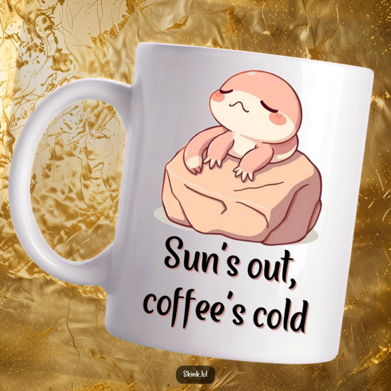 Funny skink mug, eyes closed, sunbathing on a warm rock, embodying ultimate relaxation and chill vibes.