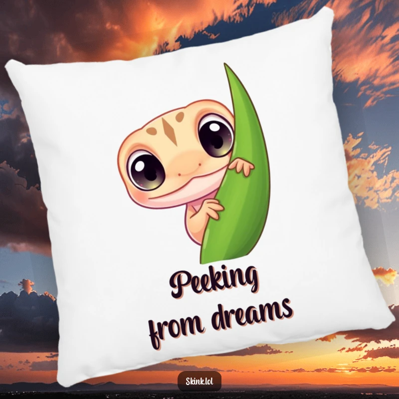 Funny skink pillow, tiny with big curious eyes, peeking from behind a leaf, soft and humorous.
