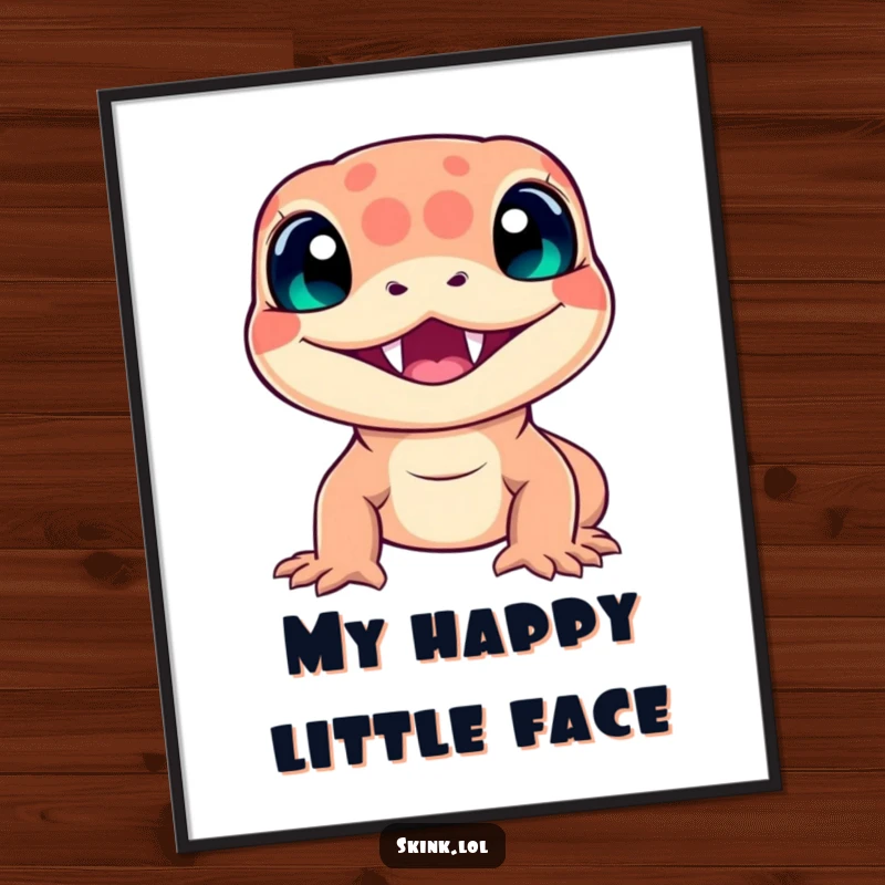 Funny skink digital art, showing a radiant, toothy smile, humorous and downloadable reptile illustration.