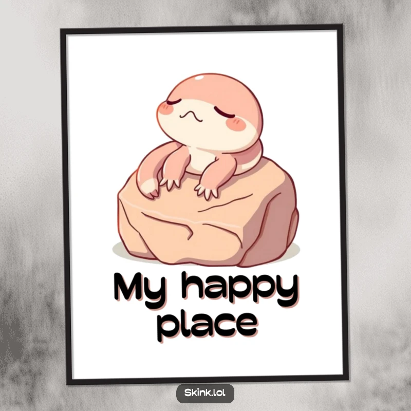 Funny skink digital art, eyes closed sunbathing on a rock, humorous and downloadable wall art.