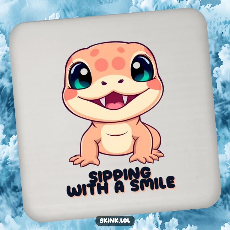 Funny skink drink coasters, radiant smile with sharp teeth, protecting surfaces with humor and charm.
