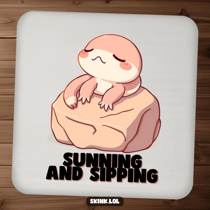 Funny skink drink coasters, eyes closed sunbathing on a rock, protecting surfaces with humor.