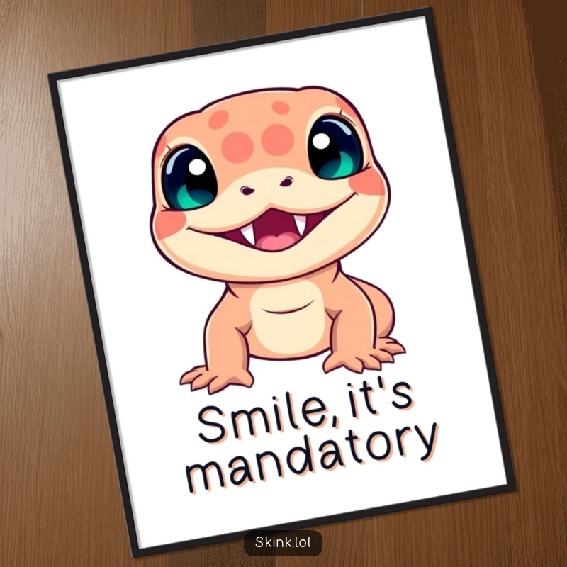 Funny skink poster, radiant smile revealing tiny teeth, a joyful and humorous reptile illustration.