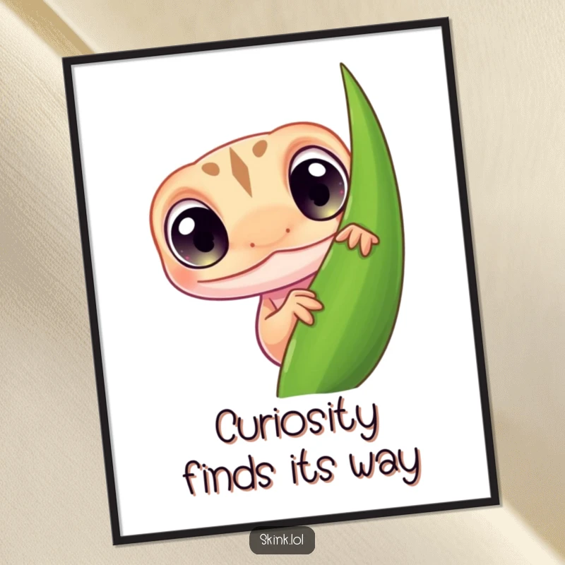 Funny Free Printable Wall Art: Tiny skink with large, curious eyes peeking from behind a vibrant leaf.