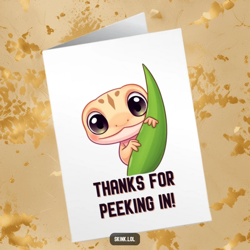 Funny Free Printable Thank You Card: Skink with huge, curious eyes peeking from behind a leaf.