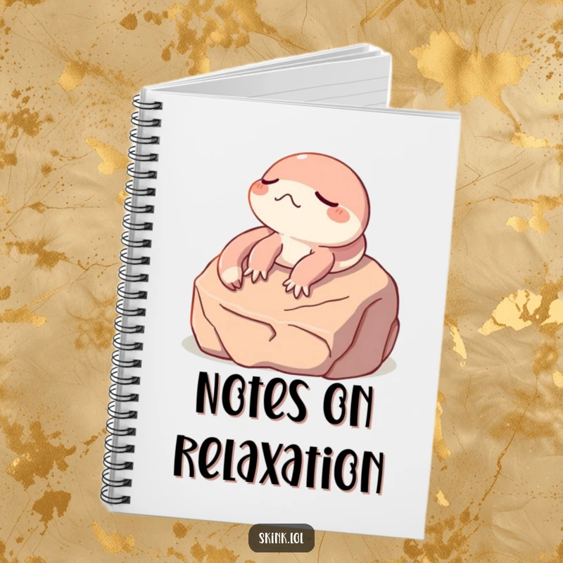 Funny skink notebook, eyes closed sunbathing on a rock, perfect for journaling and funny gift ideas.