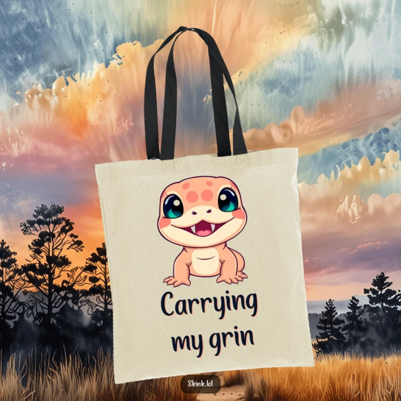 Funny skink tote bag, showing a radiant smile and pointy teeth, a playful and handy accessory.