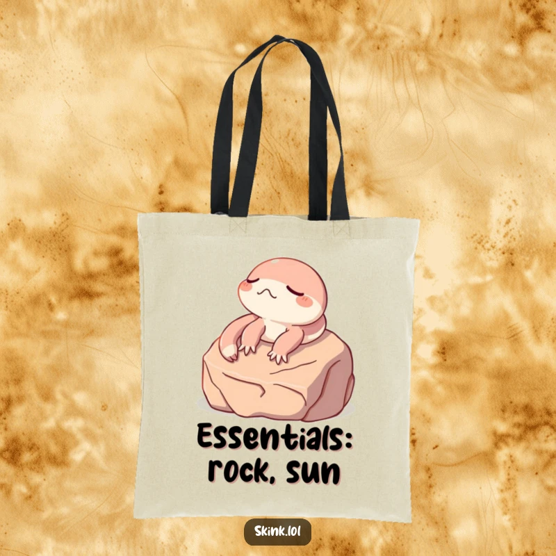 Funny skink tote bag, eyes closed sunbathing on a rock, a humorous and practical accessory.